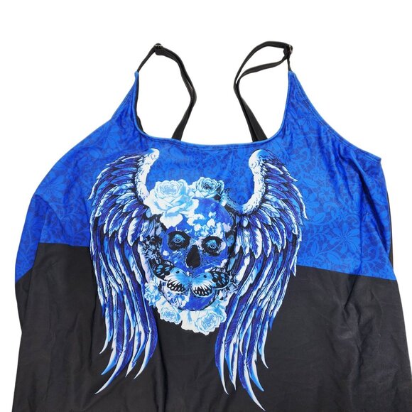 Plus Size 3X Rosegal Womens 2-Piece Tankini Set kull Wings Print Blue Black - Picture 5 of 7